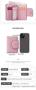 Détails de l'aménagement intérieur du portefeuille rose avec fentes pour cartes et poche