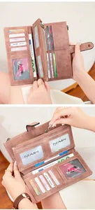 Detail of trifold long wallet featuring RFID protection slots and matte leather texture