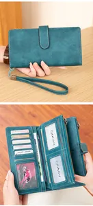 Detail of teal RFID blocking long wallet showing card slots and internal storage