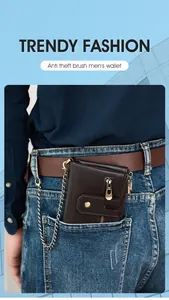 Herenportefeuille van bruin leer met RFID-ketting in de achterzak van een jeans