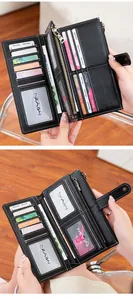 Detailed interior of black RFID leather wallet with 12 card slots and large coin pocket