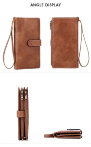 Multiple angles of a vintage brown RFID long wallet with three zippers and a wristlet strap