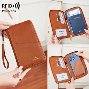 Protège-passeport RFID Long Portefeuille de Voyage PU Organisateur Documents Fentes Cartes Poche Téléphone Unisexe Pochette de Voyage