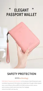 Detail of pink RFID passport wallet with airplane pattern and zip closure with wrist strap