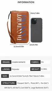Detailed size chart for the RFID passport wallet showing dimensions and card slot layout