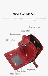 Vue intérieure du portefeuille en cuir rouge avec compartiments multiples et fermeture