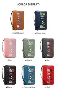 Matrix display of multi-color RFID passport wallets with textured leather and wrist straps