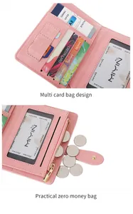Detail of pink RFID passport wallet with multiple card slots and gold zipper pocket