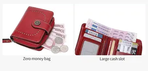 Vue détaillée du portefeuille en cuir rouge avec fentes pour cartes et poche zippée