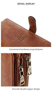 Detail of brown leather wallet featuring vintage snap fastener and smooth double zipper design