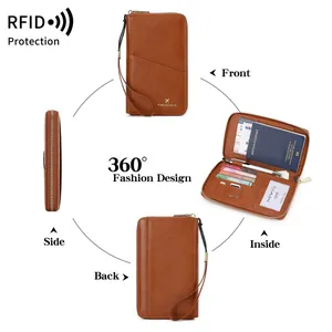 Portefeuille de voyage long marron avec protection RFID et porte-passeport
