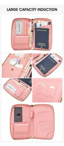 Detail view of pink RFID passport wallet with multiple card slots and storage compartments