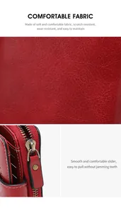Détail du portefeuille en cuir rouge avec fermeture éclair en métal et coutures précises