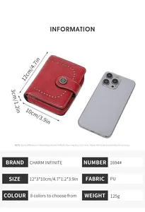 Détail du portefeuille vintage en cuir PU rouge montrant la taille 12x10x3cm avec un téléphone