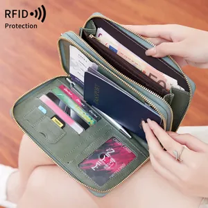 Groene RFID-paspoorthouder met multifunctionele kaartsleuven en dubbele ritssluiting