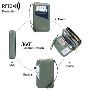 RFID-blokkerende paspoorthouder in boongroen met polsbandje en dubbele ritssluiting voor reis