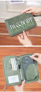Detail of dark green RFID passport wallet showing card slots and phone compartment