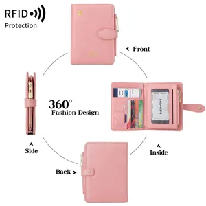 Pink RFID travel passport wallet with multiple slots and elegant gold airplane icon