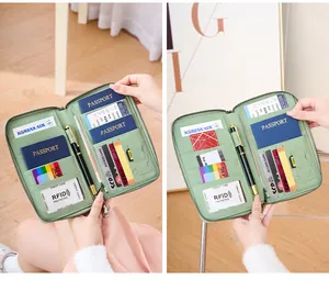 Détail du protège-passeport vert clair avec blocage RFID et compartiments pour cartes de voyage