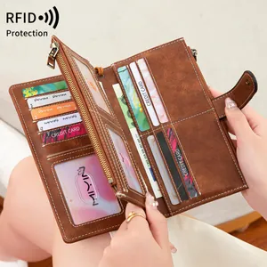 Brown vintage RFID blocking long wallet for women with multi-card slots and retro zipper