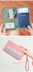 Close-up of pink and green RFID passport wallet with multiple card slots and lanyard