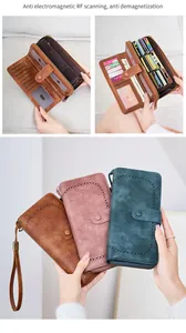 Detail view of RFID blocking leather wallet featuring card slots and large capacity storage