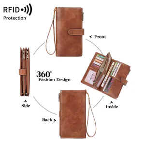 Brown vintage long trifold RFID wallet for women with wristlet strap and zipper pocket