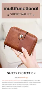 Dettaglio del portafoglio corto in pelle marrone vintage con protezione RFID e zip