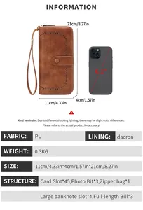 Detailed size chart and specs for retro RFID-blocking PU leather long clutch wallet