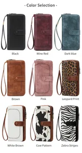Detailed view of long RFID wallets in nine colors including solid tones and animal prints