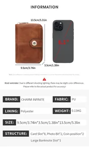 Portafoglio vintage in pelle PU marrone a confronto con smartphone da 6,1 pollici