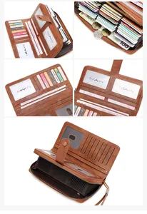 Macro view of RFID leather wallet showing multi-slot interior and accordion zipper pocket
