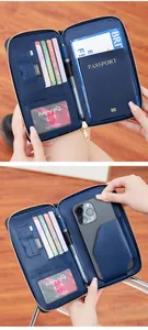 Detail of RFID passport holder with internal slots for cards, phone and travel documents