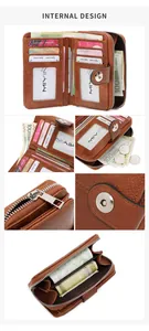 Layout interno del portafoglio RFID in pelle marrone con slot per carte e zip per monete