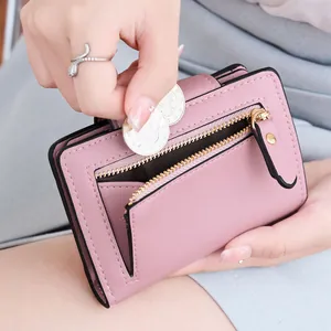 Petit portefeuille rose pour femme en cuir PU avec poche monnaie à fermeture éclair