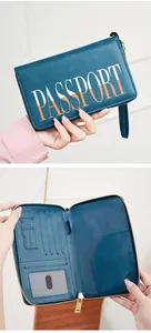 Detailed view of dark blue RFID passport holder with multiple slots and zip closure