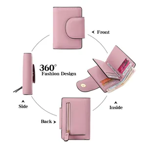 Petit portefeuille rose pour femme affichant les vues 360 degrés face et intérieur