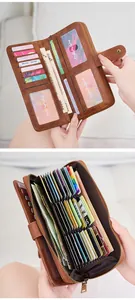 Detail view of large capacity brown leather wallet with RFID organ style card slots