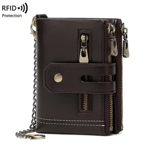 Heren RFID-blokkering Trifold Portemonnee PU-leer Meerdere Vakken Korte Portemonnee Met Anti-diefstal Ketting Voor Zakelijke Casual Stijl