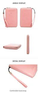 Detailed views of pink RFID passport wallet with metal zipper and wrist strap