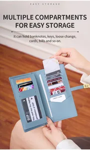 Detail of light blue RFID wallet showing twelve card slots and transparent ID window