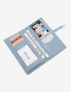 Detailed interior of slim blue RFID blocking wallet with card slots and metal snap