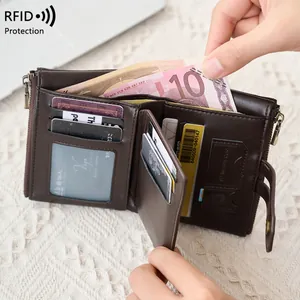 Bruine lederen drievoudige portemonnee met RFID-bescherming en kaartvakjes
