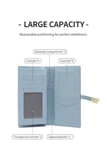 Detail view of light blue RFID wallet with 13 card slots and 3 cash compartments