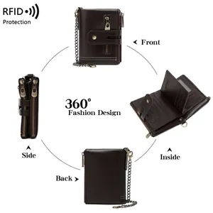 RFID-werende herenportemonnee van bruin kunstleer met anti-diefstal veiligheidsketting