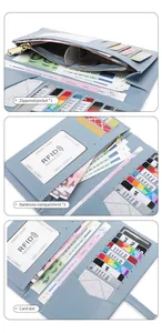 Detail of light blue RFID blocking wallet with multiple card slots and zipper pocket