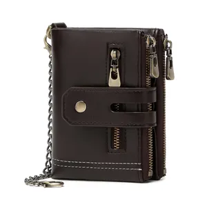 Bruine lederen RFID-herenportemonnee met drie ritsen en vintage anti-diefstal ketting