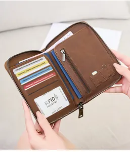 Detailed interior of a vintage brown leather RFID travel wallet with multi-card slots