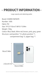 Slim women long wallet with 12 card slots and RFID protection in blue PU leather