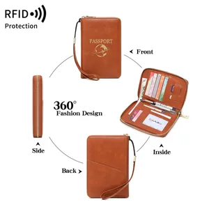 Portefeuille passeport marron anti-RFID avec fermeture éclair et dragonne pratique